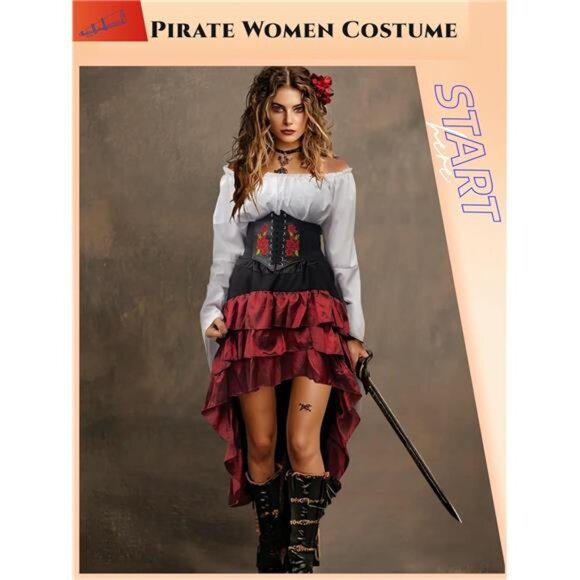 Pirate Costume Women Outfit with Renaissance Pirate Shirt Skirt Corset - Picture 2 of 7